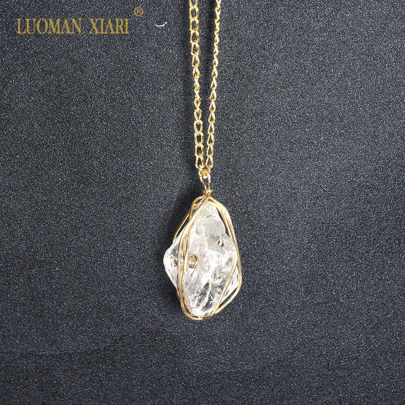 

Natural Clear White Crystal Necklace1 Pcs Trendy Irregular Design Stone Golden Chain Quartz Pendant Necklace For Women Gift