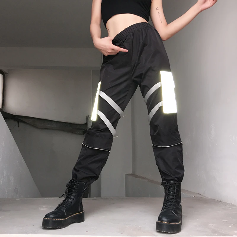 Рапкоптер Повседневный светоотражающий женский полный длина высокий эластичный лоскутный Пояс Штаны карго с карманами дамские Streetwaer панковские штаны
