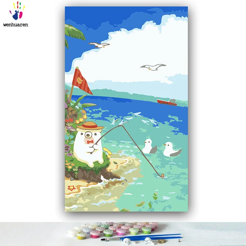 

DIY colorings pictures by numbers with colors Panda fishing by the sea picture drawing painting by numbers framed Home