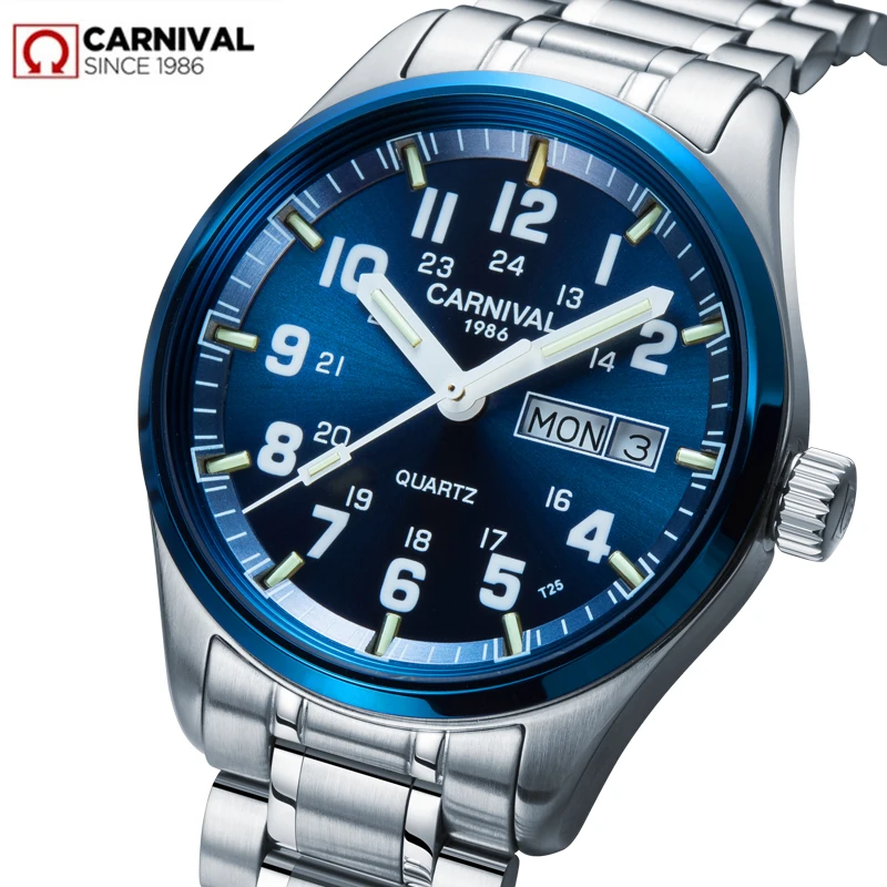

Carnival Tritium Light Quartz Watch Men Double Calendar Date Waterproof Military Waterproof Clock Full Stainless Steel