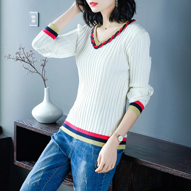 V-neck long sleeve pullovers elastic knit shirts  2018 new women autumn basic sweater 