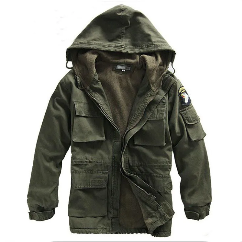 Günstig Männer Baumwolle UNS Armee Military Kleidung Mit Kapuze Windjacke Tops Winter Outdoor Klettern Thermische Fleece Futter Dicke Jacke Mantel