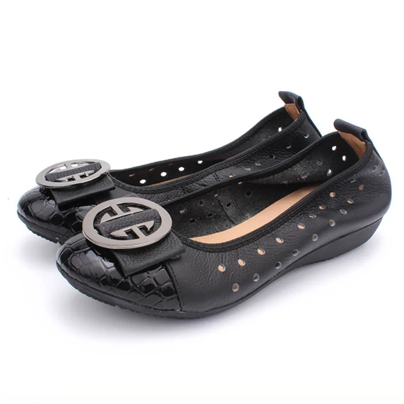 Summer Flat Casual Shoes Women Round Toe Leather Ballet Flats Soft Bottom Mother Female Ballerina Shoes Sandals Holes Moccasins (8)
