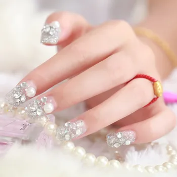 

So Fashion 24 PCS Shining Rhinestone False Nails Transparent Lace Designed Square Full Short Fake Nails nep nagels #1037