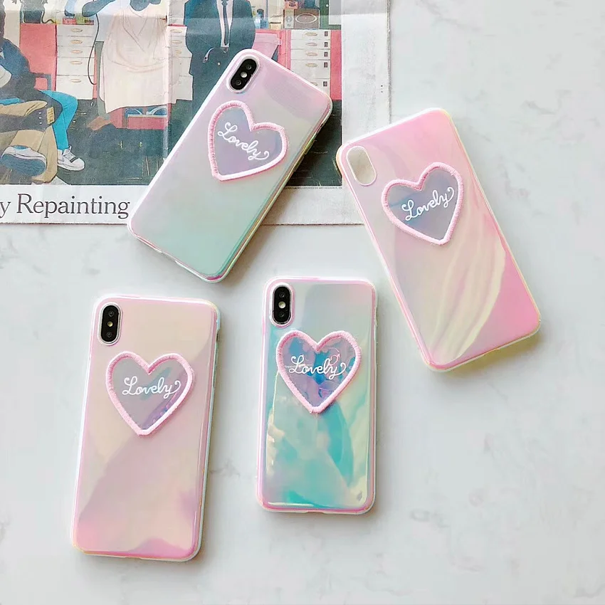 PINK LIPS Blu-Ray Love Heart Laser Mirror Phone Case For iPhone 6 6S 7 8 Plus X XS MAX XR Beautiful Soft IMD Phone Cases Fundas (8)