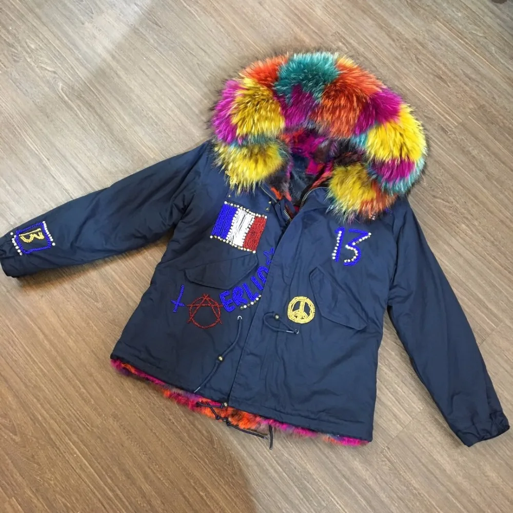 

France Embroidered Flag Pattern Short Parka With Colorful Rabbit Fur Lining Mini Winter Coat For Kids