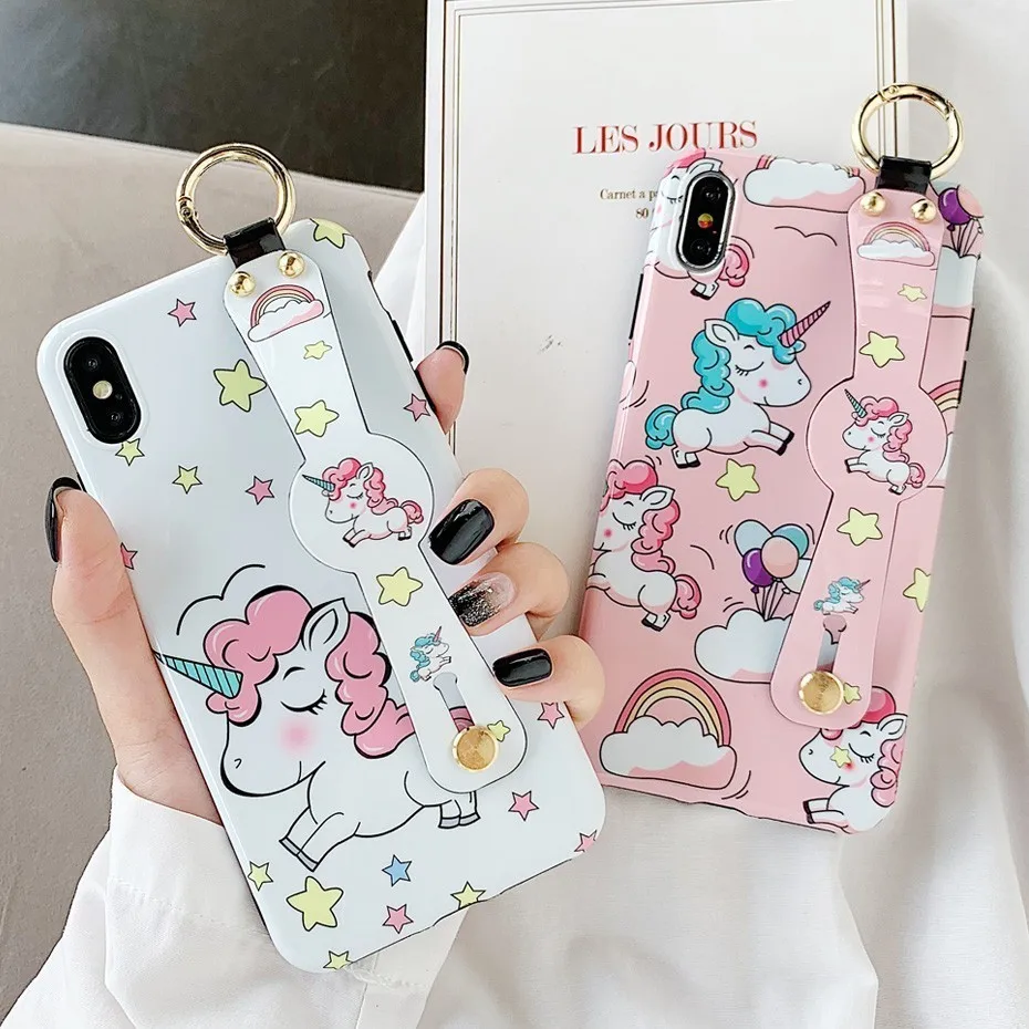 

Cute Unicorn Case for iPhone 7 8 6S 6 Plus Luxury Cartoon Wrist Strap Bracket Phone Cover for iPhone XR X XS Max Cover Casing