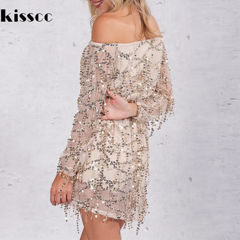Платье мини с вырезом лодочкой и длинным рукавом расшитое блестками|sexy backless