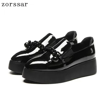 

2019 Autumn women Flat platform sneakers Patent Leather slip on flats shoes casual sneakers ladies creepers moccasins shoes