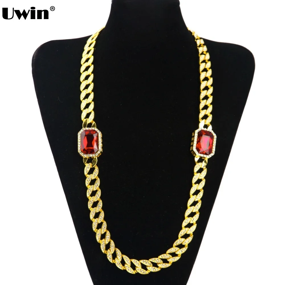 

Full Iced Out Gold Color Cuban Link Radiant Red Stone Octagon Pendant Bling Bling Chain&Link Mens Necklace Cuban Chain For Mens