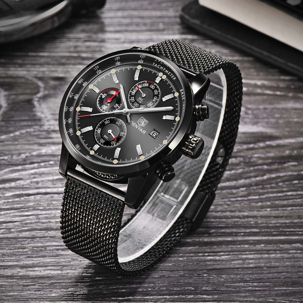 Benyar Men Watch Top Brand Luxury Male mesh belt Waterproof Sport Chronograph Quartz Wrist Watch Mi