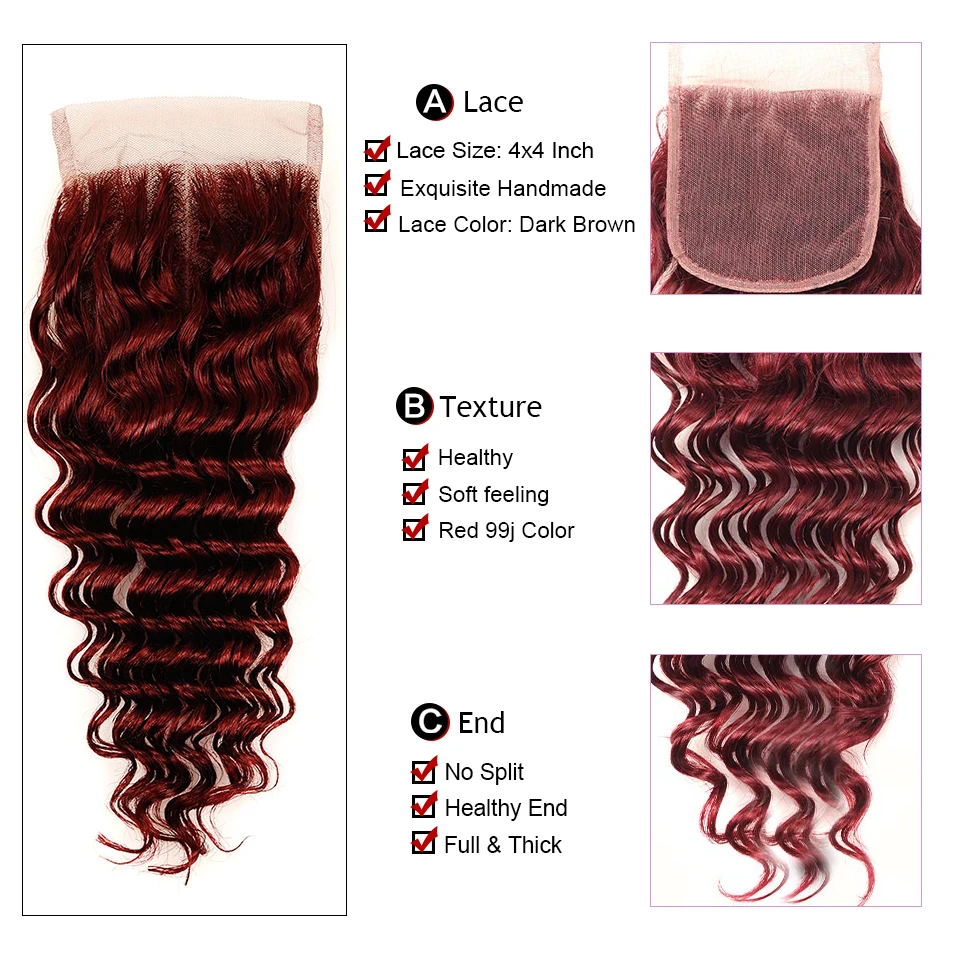 Бразильские волосы с глубокой волной, 3 пряди, с закрытием, дерзкие, красные, 99j, бордовые волосы, пряди с закрытием, блестящие, Звездные волосы remy для наращивания