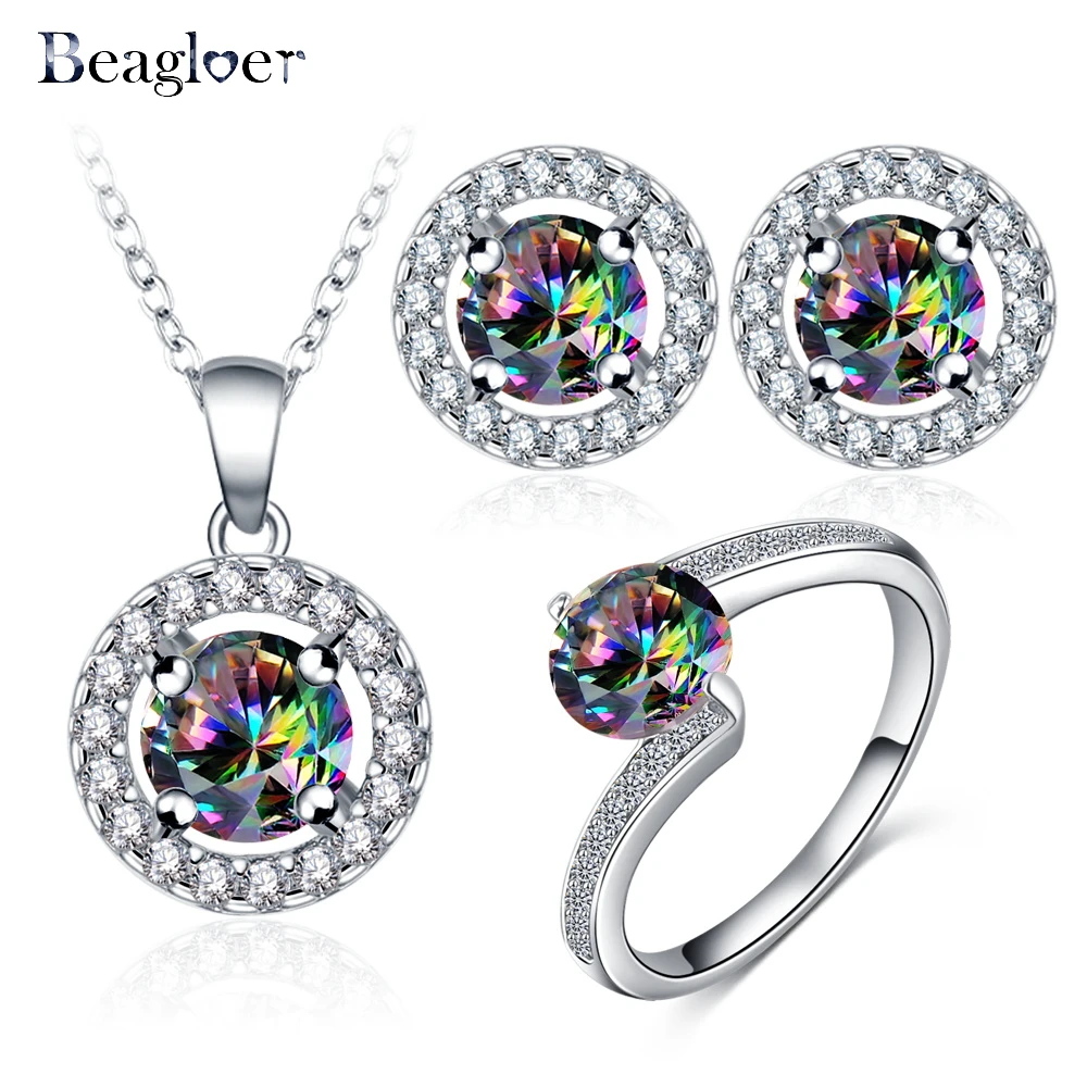 Beagloer Wedding Jewelry Set Colorful Cubic Zircon Necklace Pendant / Earrings / Ring Fashion