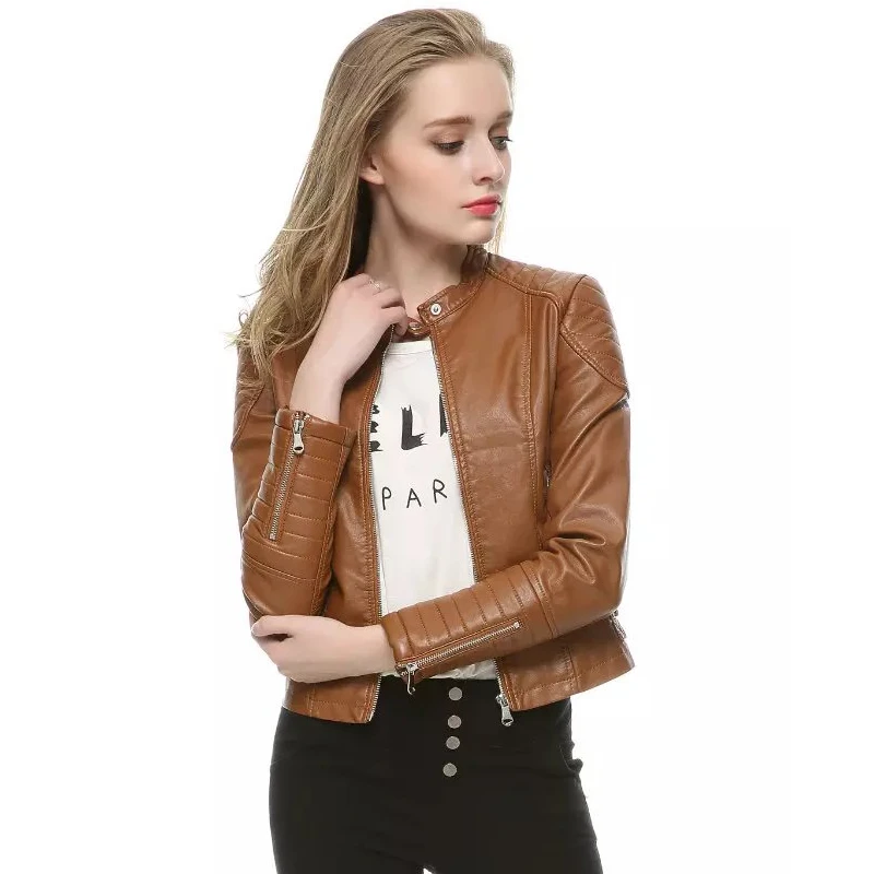 Autumn Winter Women Faux Leather Jackets and Coats Lady Pu Motorcycle Brown Zipper Coat Streetwear Biker Outerwear