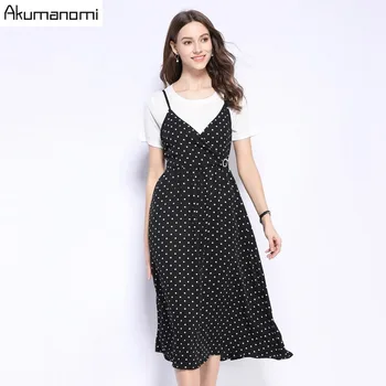

Two Piece Set Plus Size Summer 2019 new Suits White Short Sleeve Tshirt Dot Vest Sling Dress Free Shipping Ensemble Deux Pièces