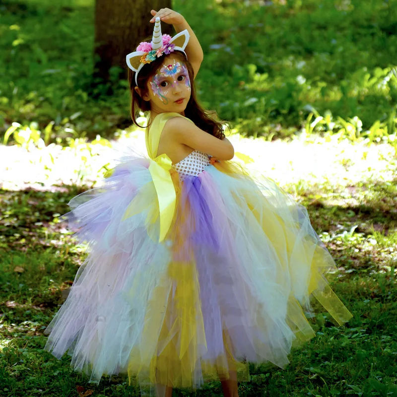 Fancy Girls Tulle Unicorn Tutu Dress Pastel Rainbow Princess Girls Baby Birthday Party Dress Children Halloween Unicorn Clothing (5)