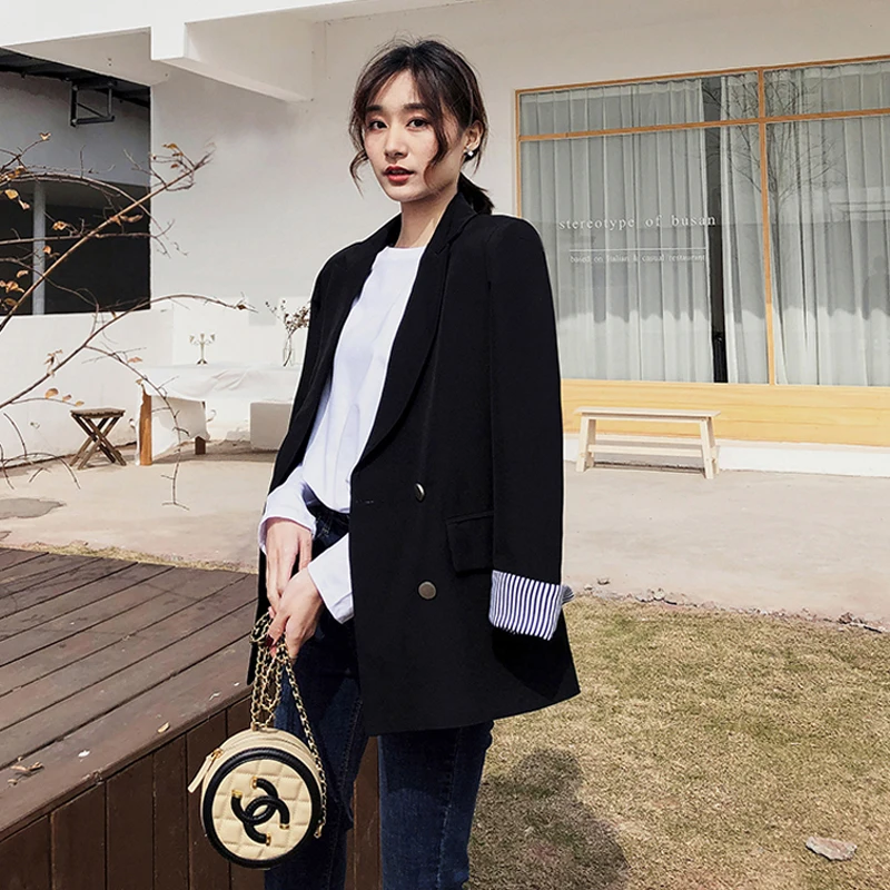 

Fashion Double Breasted Black Women Blazer Striped Sleeve Notched Casual Female Blazer Women Jacket 2019 Autumn Outerwear Coats