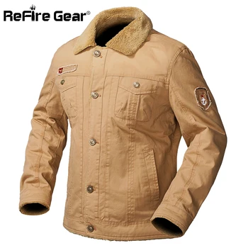 

ReFire Gear Air Force Military Jacket Men Winter Warm Thick Tactical Bomber Jackets Fur Collar Outerwear Army Pilot Flight Coat