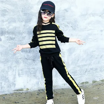 

IIMADFWIW Girls Clothing Set Girl Spring Clothes 2018 New Fashion Black Striped O-neck Long Sleeve Children Tracksuits