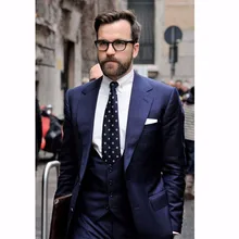 Classic Style Two Button Navy Blue Groom Tuxedos Groomsmen Men’s Wedding Prom Suits Bridegroom (Jacket+Pants+Vest+Tie) K:956