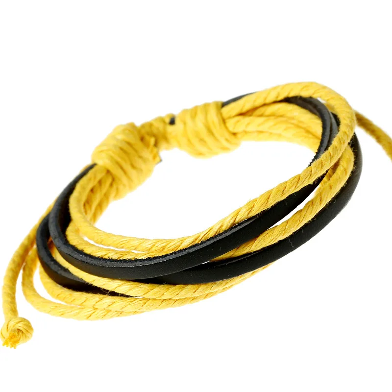 Мужские кожаные браслеты для женщин и мужчин многослойный восковой шнур+ коровья кожа браслеты на каждый день и браслеты для девочек и мальчиков ювелирные изделия 14 цветов - Окраска металла: black and yellow
