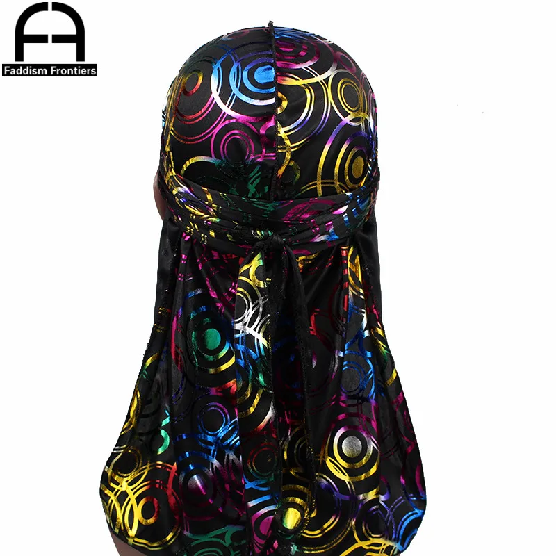 

Print Men's Silky Durags Satin Turban Hat Bandanas Headwear Colorful Circle Printed Men DuRag Long Straps Waves Hair Accessories