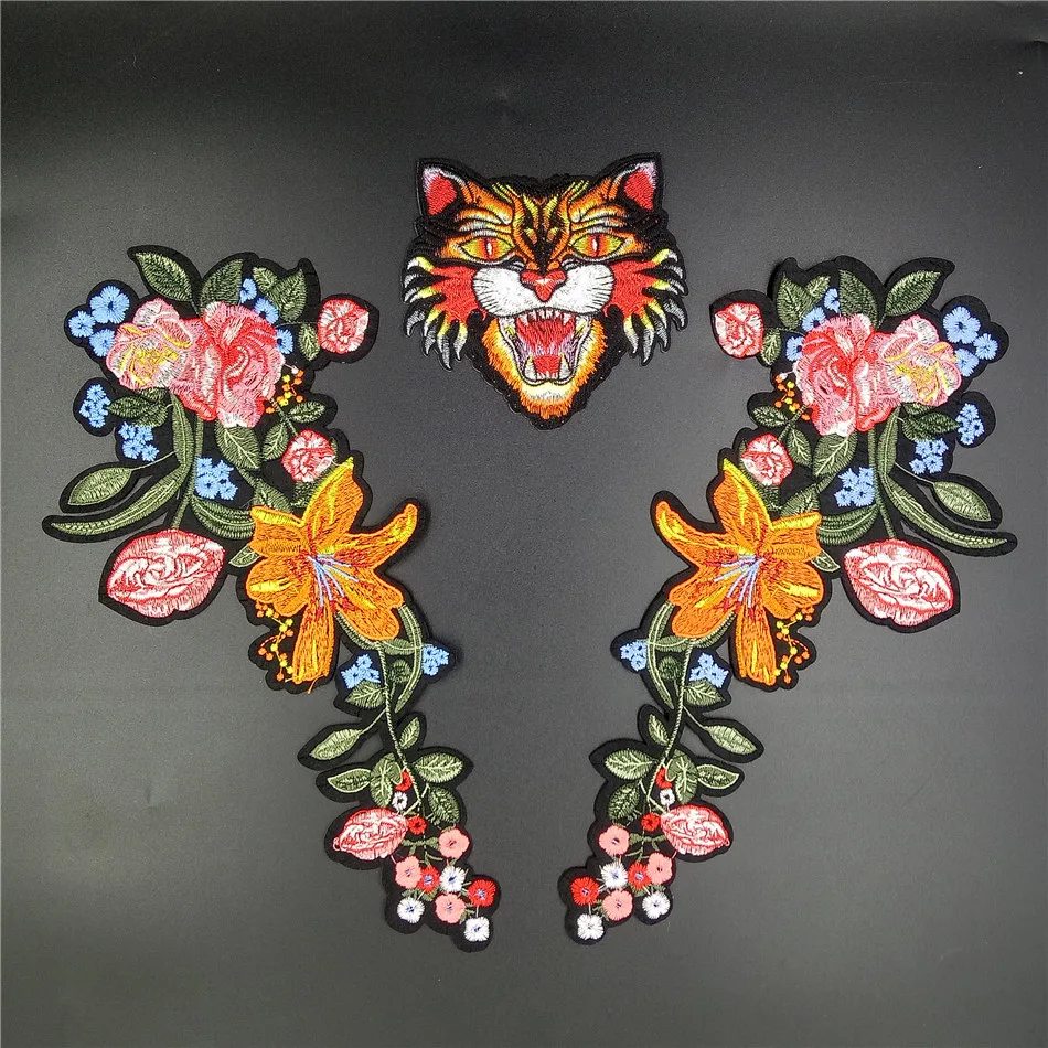 

Elegant Long Embroidered Patch Iron on with glue Cat, Tiger Floral Applique Iron on Patch for Jean Jacket