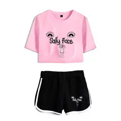 Новинка летние девушки короткие Розовый Открытый пупок футболка + черные короткие штаны поп Для женщин комплекты из двух предметов принт