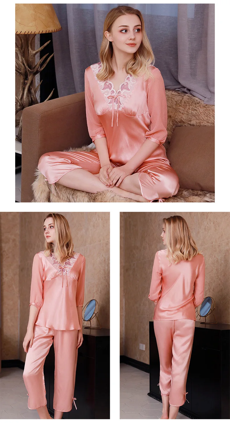 Новая мода Mid-Пижама с рукавами Женская Весенняя и осенняя одежда Сексуальная кружевная Домашняя одежда два комплекта женский пижамный