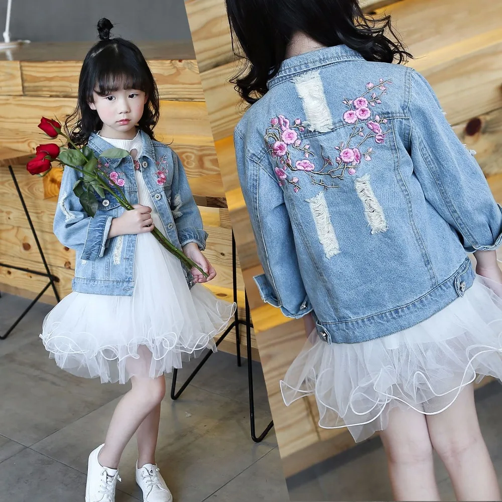 Jeans Jacket Girls Kids Fashion Embroidery Outerwear Coats for Toddler Baby Plum and Peach Blossom Denim Jackets Spring 2019 Top