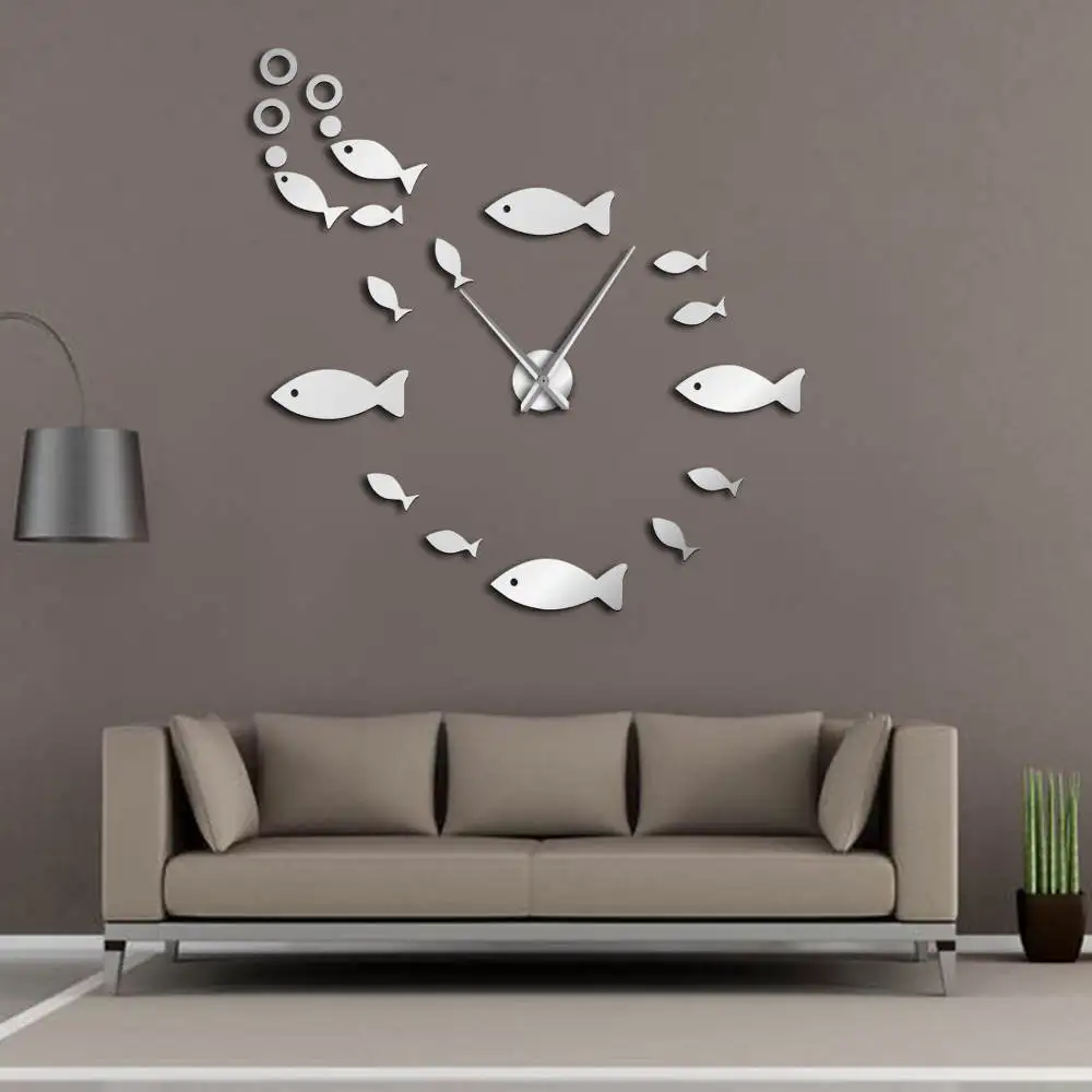 

Fish DIY Large Wall Clock Shoal of Fish Frameless Giant Wall Watch 3D Big Mirror Wall Sticker Modern Design Clock