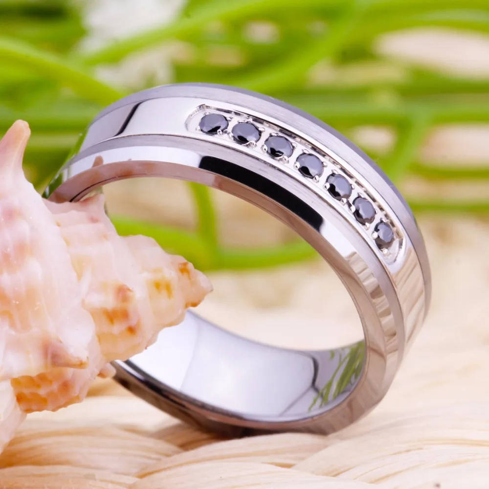 YGK Brand Jewelry Hot Sales 8MM Silver Beveled With Matte Surface and 7 Black CZ Stones Tungsten Ring For Wedding