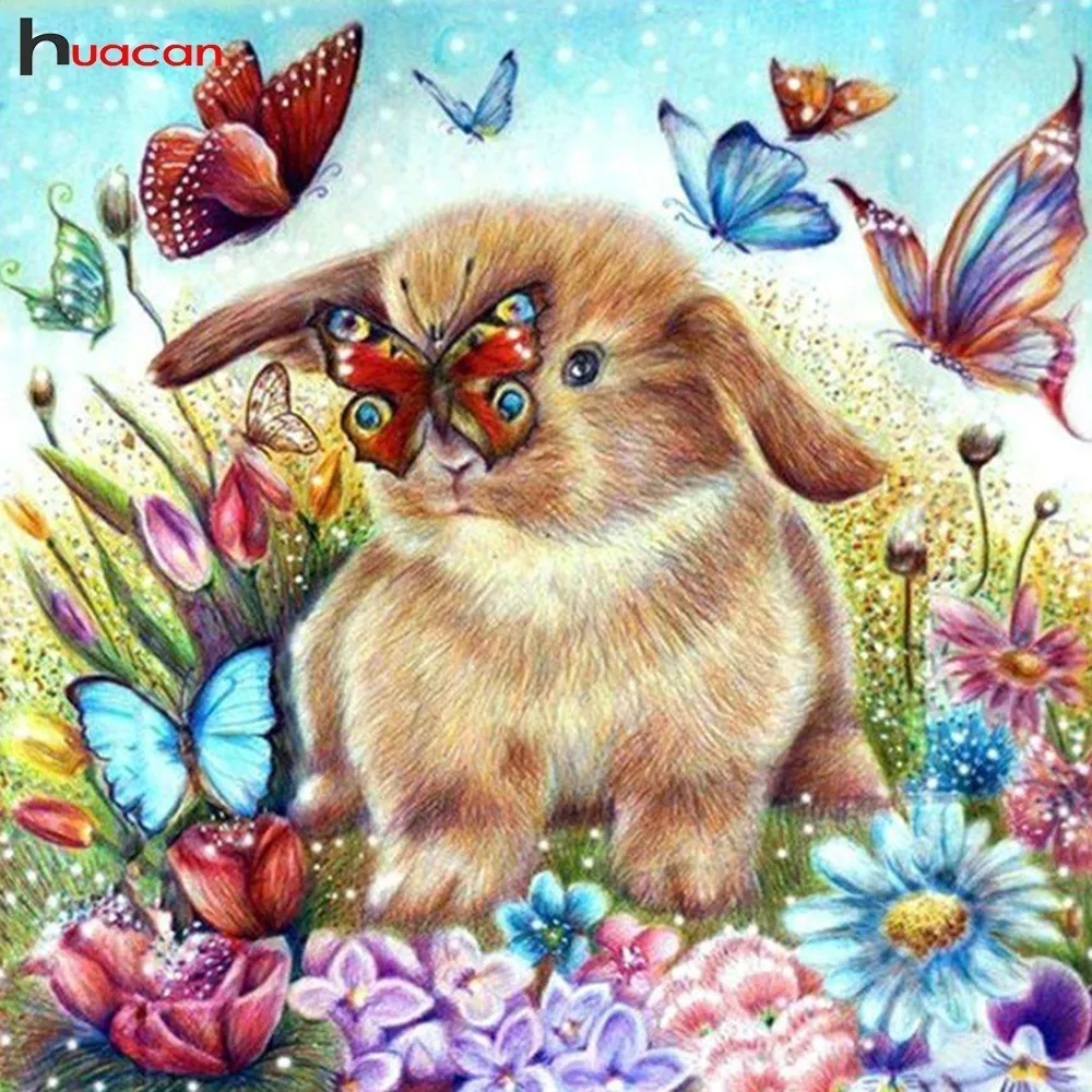 

Huacan Full Square Diamond Painting Rabbit Diamond Embroidery Cross Stitch Animals Diamond Mosaic Butterfly Painting Rhinestones