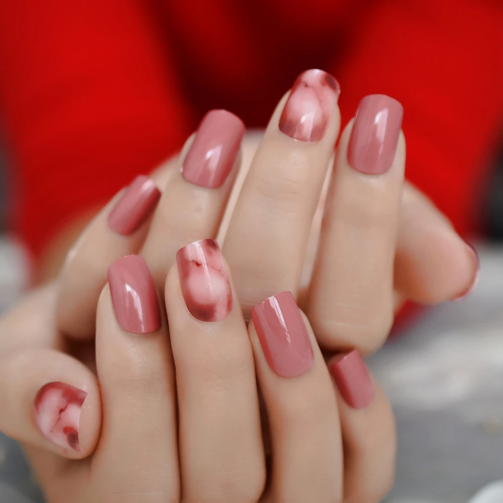 

Marble Short Berry Fake Nail Square Red Dyeing Stone Designed False Nail Artificial Full Cover Press On Nails