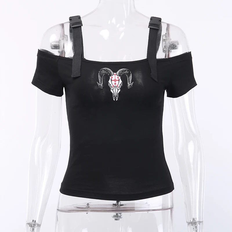InsGoth женские черные футболки Готическая пряжа для вышивания футболки с открытыми плечами обтягивающие женские уличная мода, вечеринки