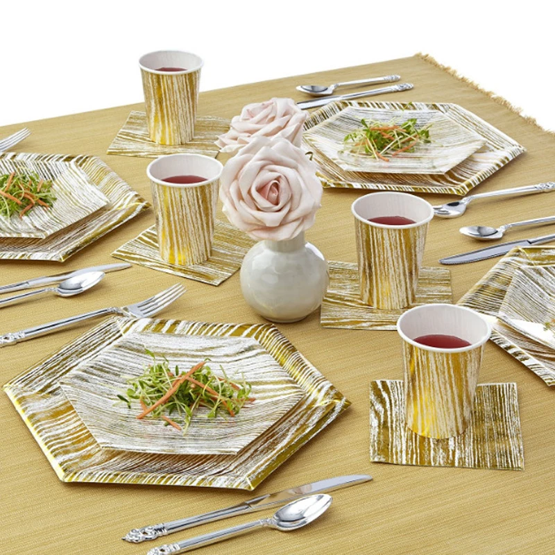 

Gold Foil Disposable Tableware Party Paper Plates Baby Shower Birthday Wedding Party Supplies Paper Cups Tableware Decoration