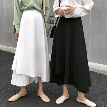 

Irregular Chiffon A-line Skirt Korean Vintage Streetwear Solid White Black Skirt High-waist Stitching Pleated Long Chiffon Skirt