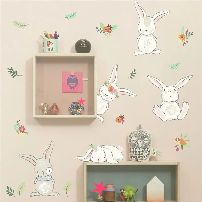 Lovely Rabbit Wall Stickers For Kids Room Decoration Cartoon Animals Bunny Mural Art Diy Home Decals Posters Children Gift