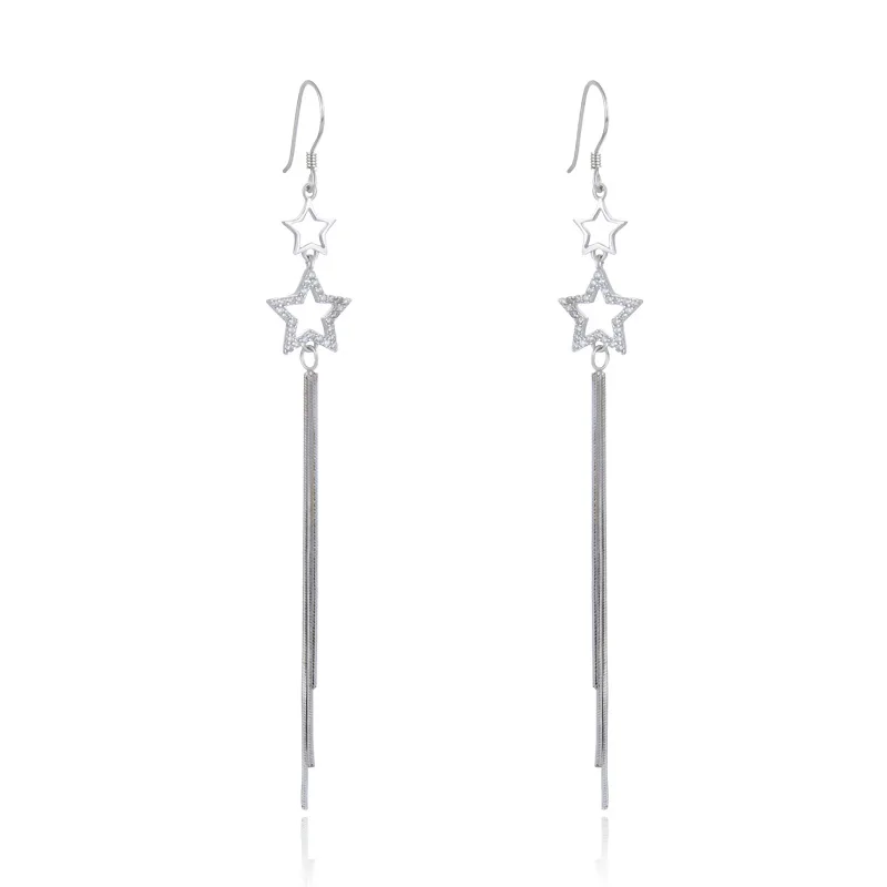 

Korean Fashion S925 Silver Drop Earrings Fine Jewelry Bohemian Luxury Long Tassel Earring Zircon Star Dangle Earrings for Women