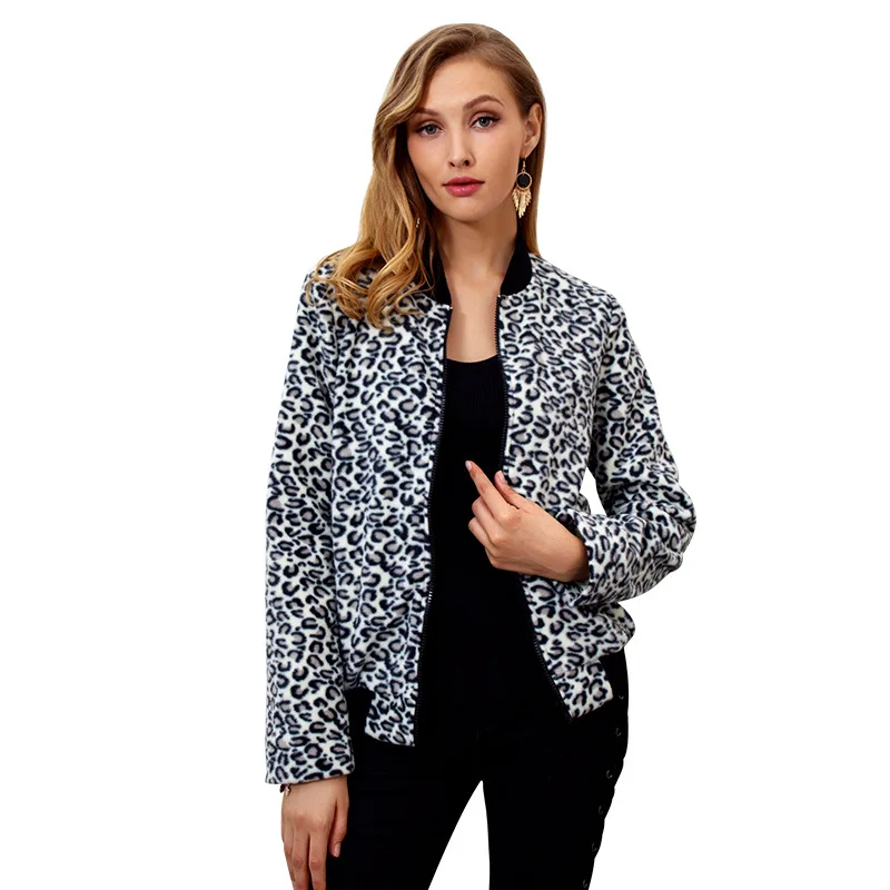 

2018 fall new women's coat crash color leopard print zipper long sleeved jacket
