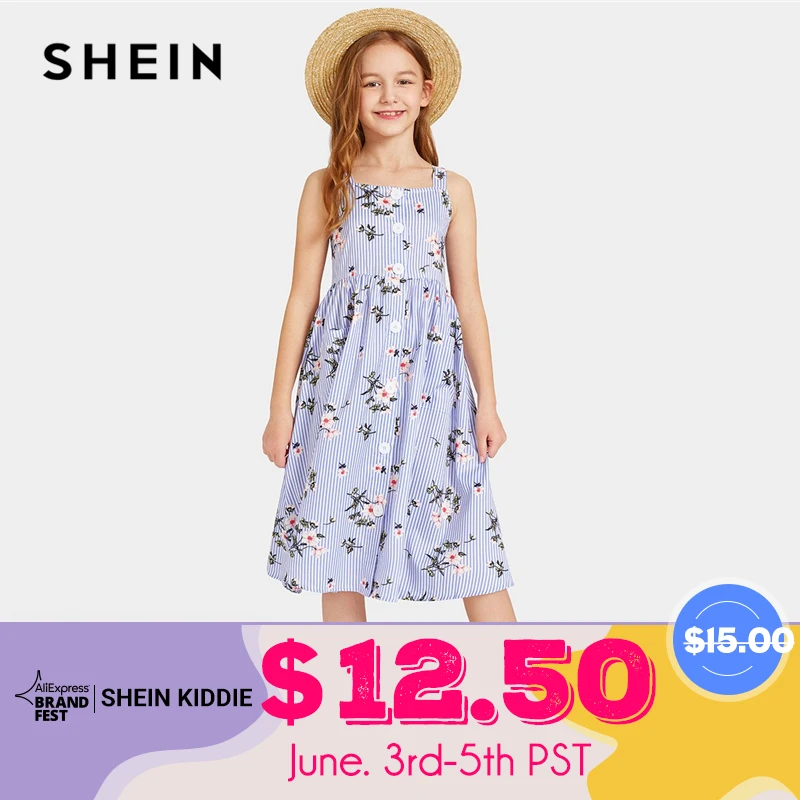 

SHEIN Kiddie Blue Single Button Striped Boho Cami Dress 2019 Summer Sleeveless Floral Print Pocket Holiday Girls Midi Dresses