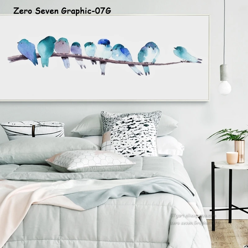 

07G A Group Of Blue Watercolor Birds On A Tree Banner Canvas Art Painting Print Poster picture Bedroom Home Wall Decoration
