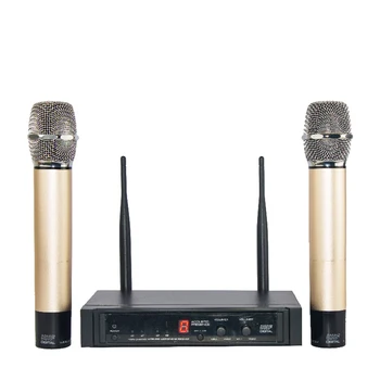 

Sound Effect Adjust !! 50M Distance !! Dual Way Digital UHF Wireless Microphone with 2 Gold Metal Handhelds for KTV Talk show