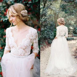 Robe De Mariee 2019 White Lace Wedding Dresses V Neck Half Sleeves Bridal Dress Floor Length Beach Wedding Gowns Vestido Noiva Robe De Mariee 2019 White Lace Wedding Dresses V Neck Half Sleeves Bridal Dress Floor Length Beach Wedding Gowns Vestido Noiva