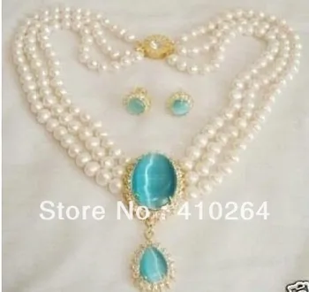 

$wholesale_jewelry_wig$ Free Shipping CharmiNg! jewelry Natural white pearl necklace opal pendant earring set