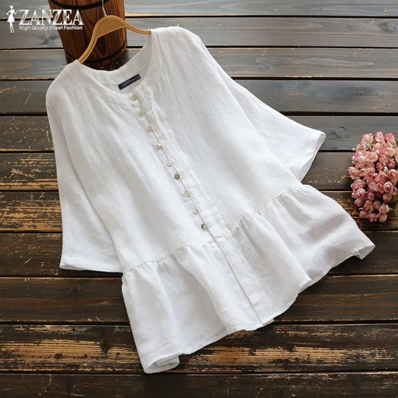 

Plus Size Shirt Women's Ruffle Blouse ZANZEA 2019 Summer Tunic Tops Female Long Sleeve Chemise Kaftan Button Blusa Cardigans 5XL