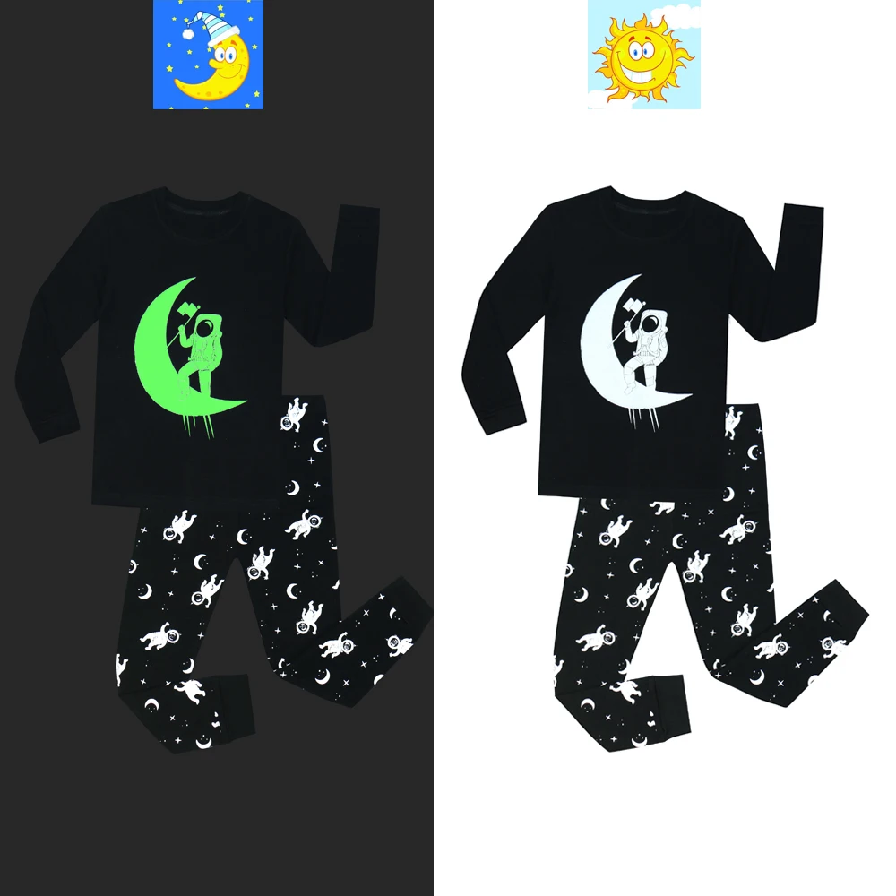 

New Fashion Boys Astronaut Printing Glow in the Dark Pajamas Set Cotton Baby Girls Sleepwear Pijamas Kids Boys Clothes Girls PJS