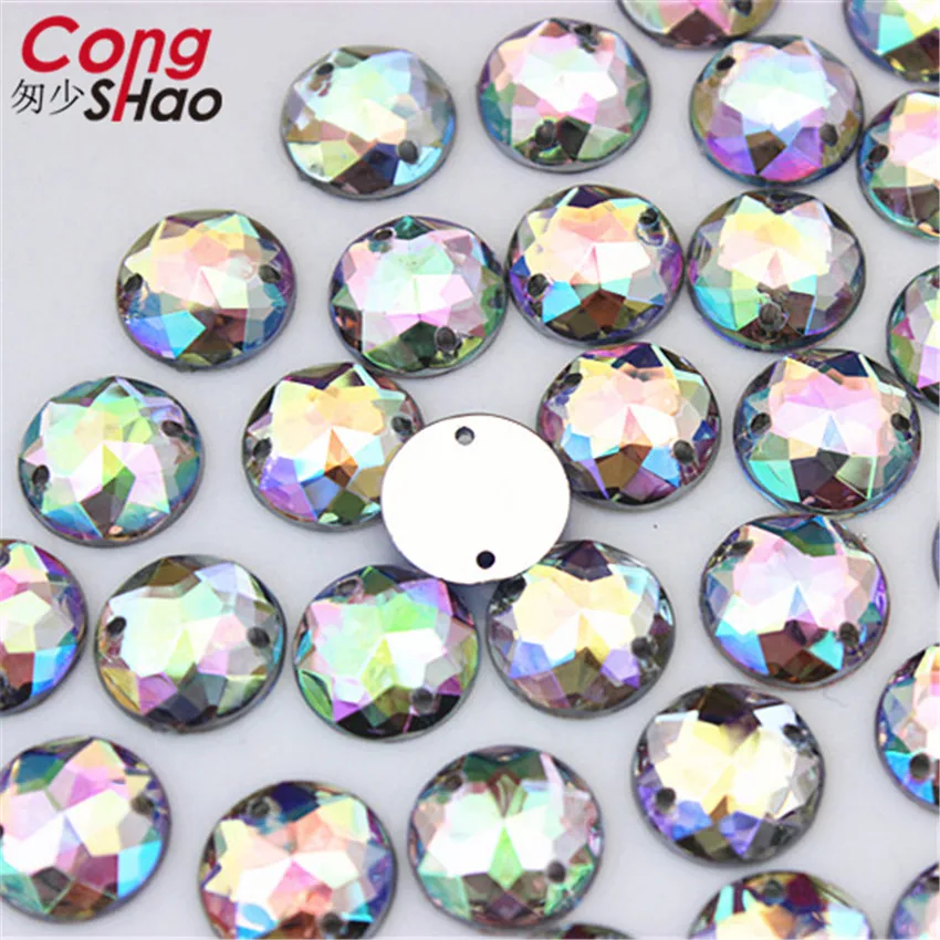 

8mm 10mm 12mm Round Sewing Acrylic AB Rhinestone Sew On Point Facet Crystal Flatback Two Holes Sew-On DIY Garment Stones WC780