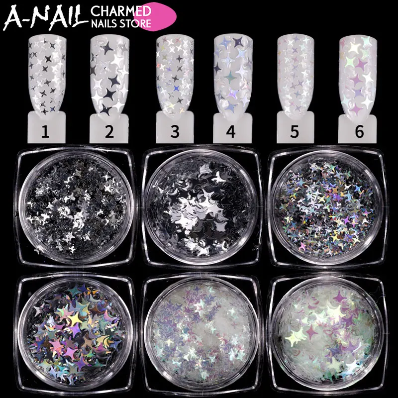 

6 jars/set Holographic Transparent Nail Sequins Flakes Paillette Four Angle Stars Iridescent 3D DIY Nail Art Decorations tools