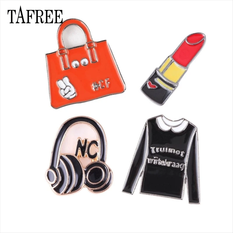 

TAFREE Lipstick,Bag,Earphone mic,Coat Shaped Lapel Pins Environmental Alloy Brooches Enamel Badge Fashion Jewelry